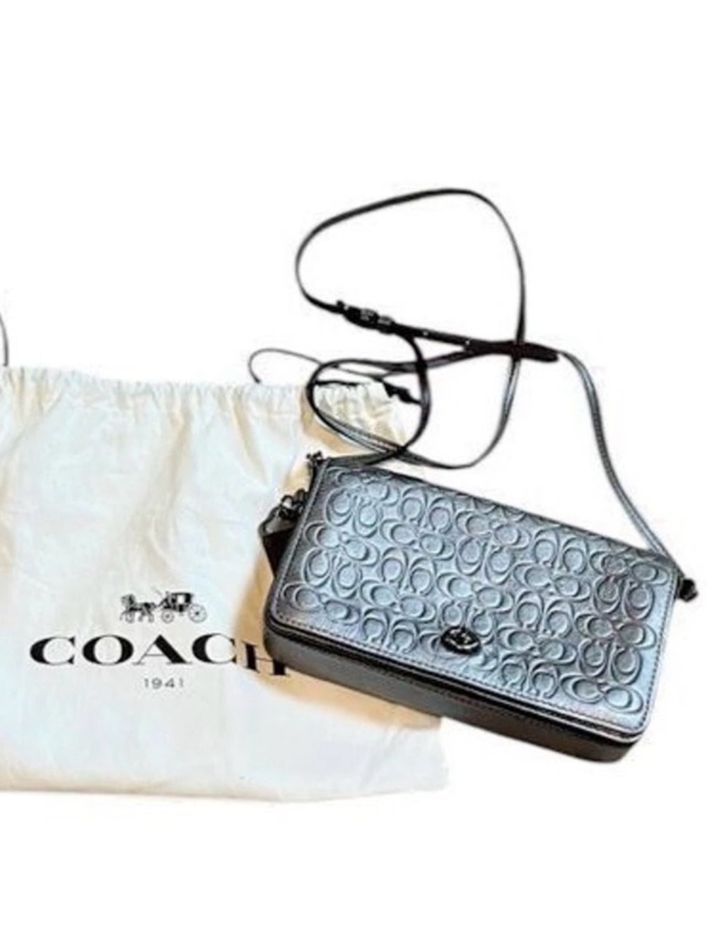 Coach 1941 Metallic Gray Leather Signature Embossed Dinky - Gunmetal - Graphite - Picture 1 of 11